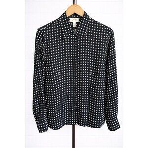 Talbots Silk Black Beige Long Sleeve Button Up Check Print Blouse Top 6